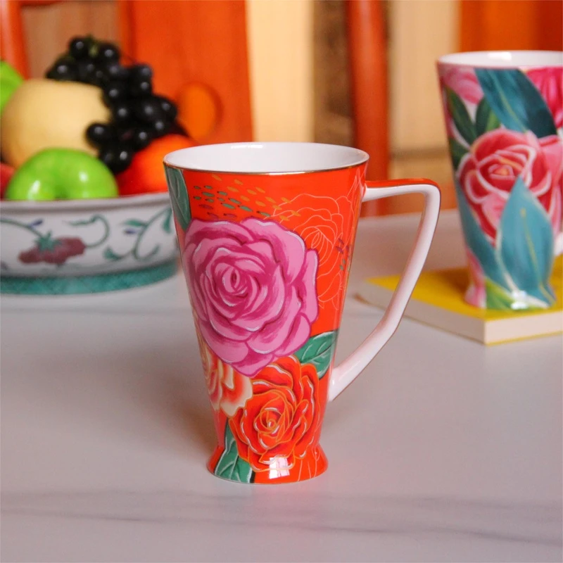 Q415橘色牡丹描金VANKEYABAO油画系列大容量骨瓷马克杯 2656