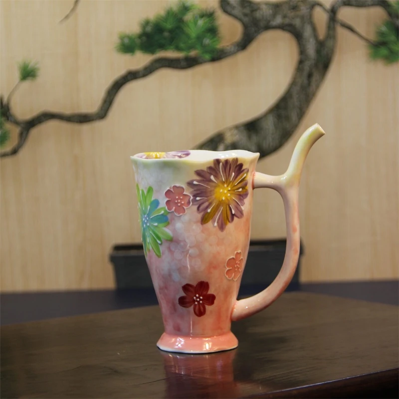 M12粉色濑户繁花系列手绘浮雕吸管杯把手大容量马克杯2067