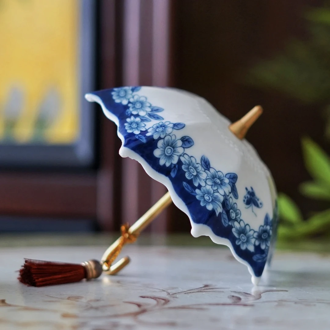 L114青花创意雨伞造型茶过滤陶瓷茶叶过滤网陶瓷茶滤3011