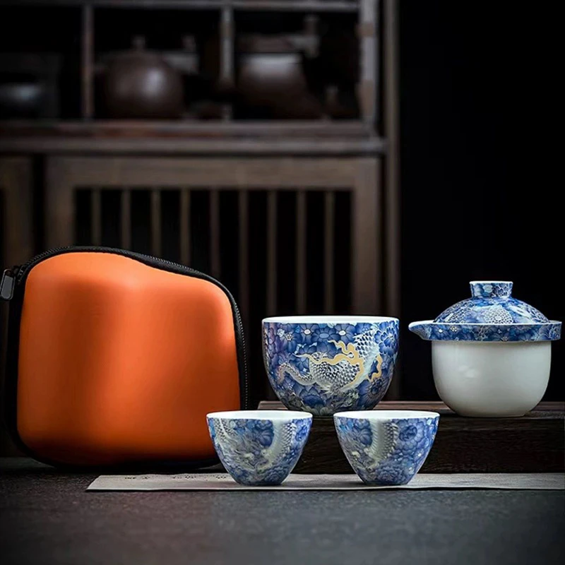 Y18龙腾盛世青花龙年便携茶具快客鎏银泡茶神器3757