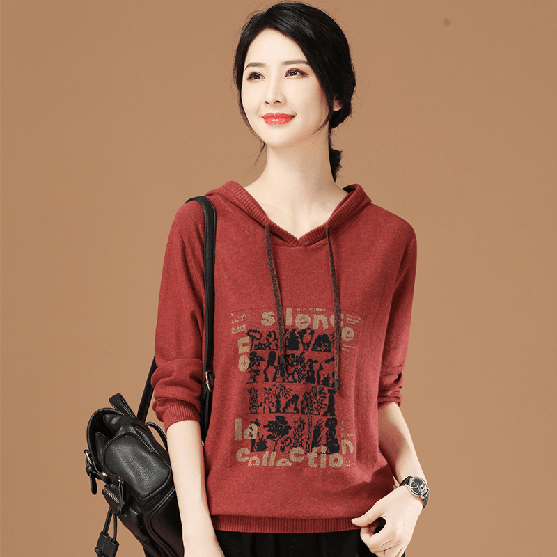 韩潮袭人连帽印花长袖毛衣女设计感小众2023秋针织衫薄上衣SW0190
