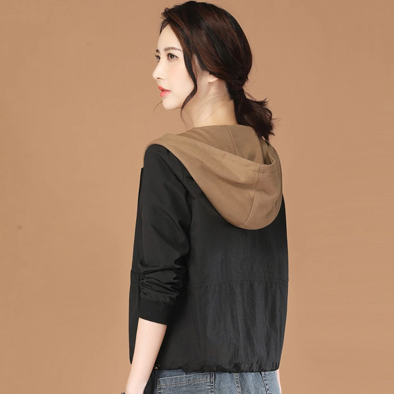 【清仓-速秒】连帽长袖黑色休闲短外套女秋拼接百搭显瘦棒球服D1714