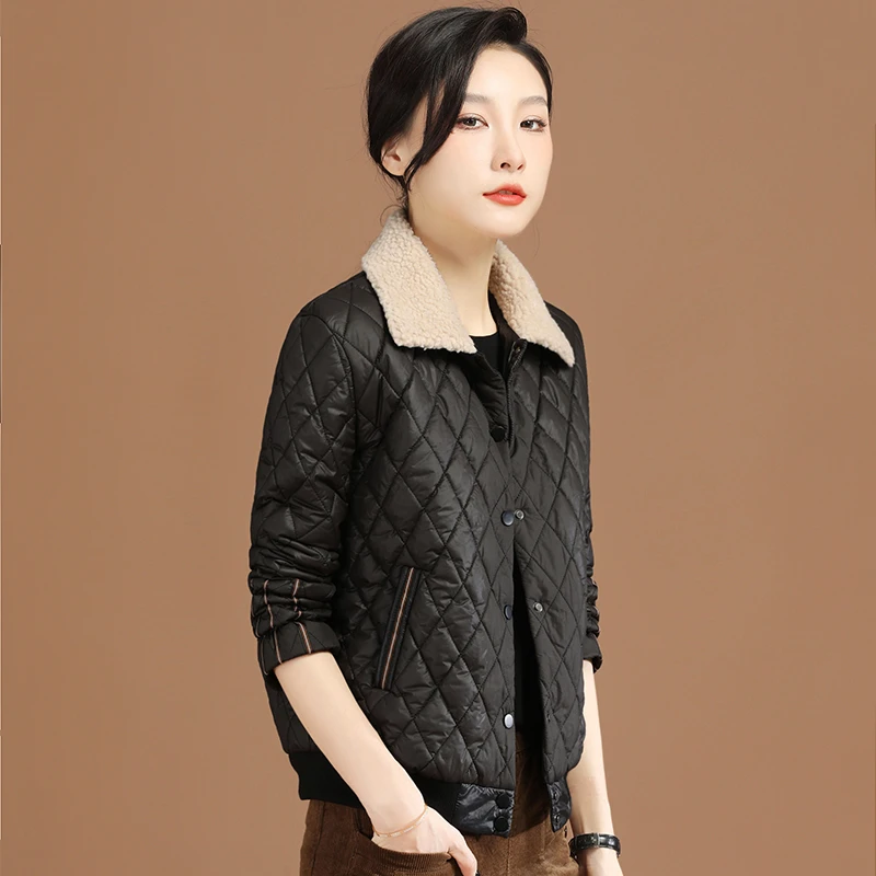 韩潮袭人羊羔绒毛领黑色棉衣棉服女2023冬显瘦加厚棉袄外套D9781