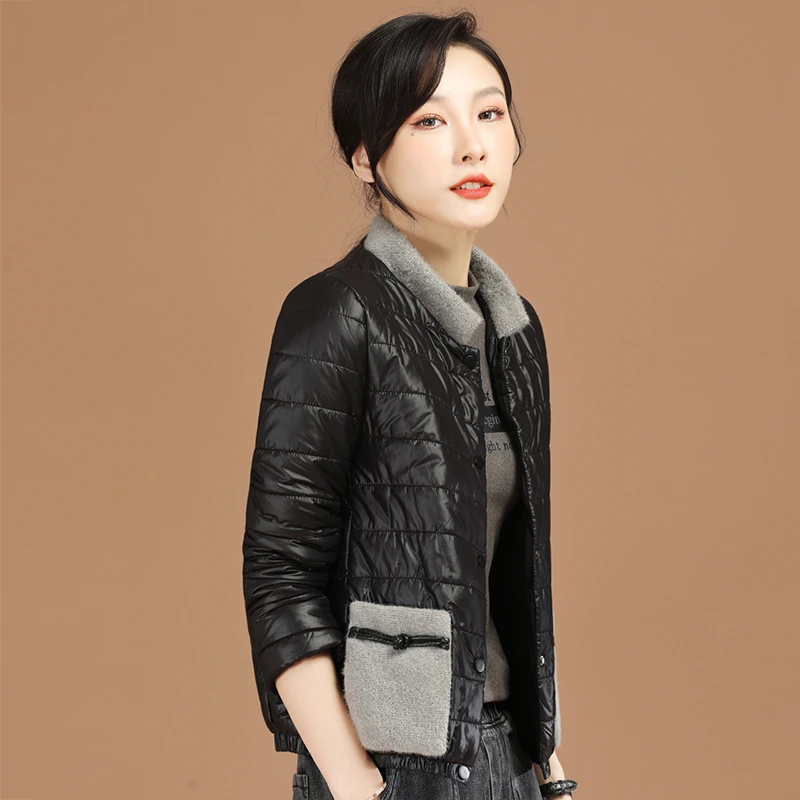 韩潮袭人立领夹棉加厚休闲棉衣棉服女2023冬拼接棉袄短外套D0989