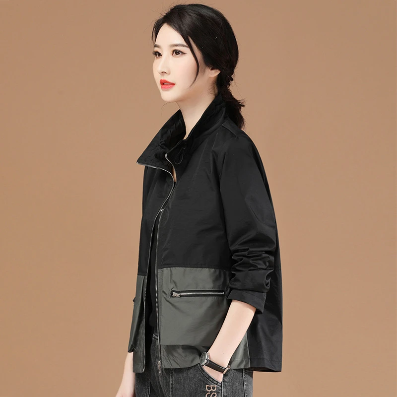 立领工装短外套女春秋2023宽松百搭复古拼色棒球服薄款夹克D6365