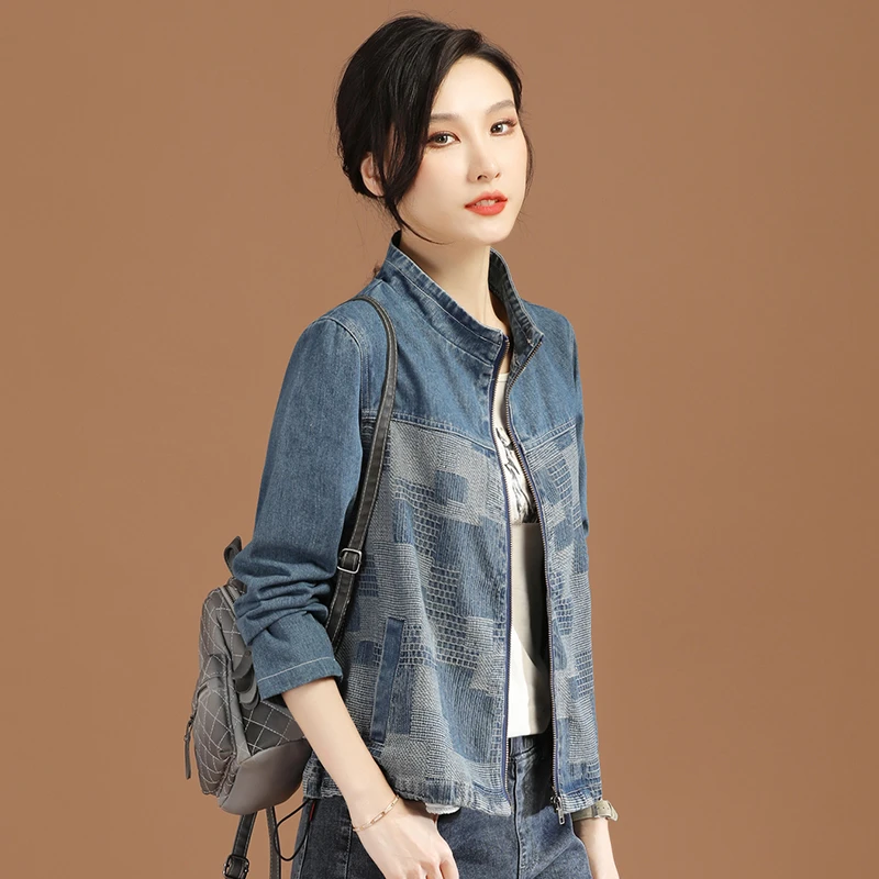 韩潮袭人立领格子牛仔外套女2023秋设计感宽松正肩棒球服短D6318