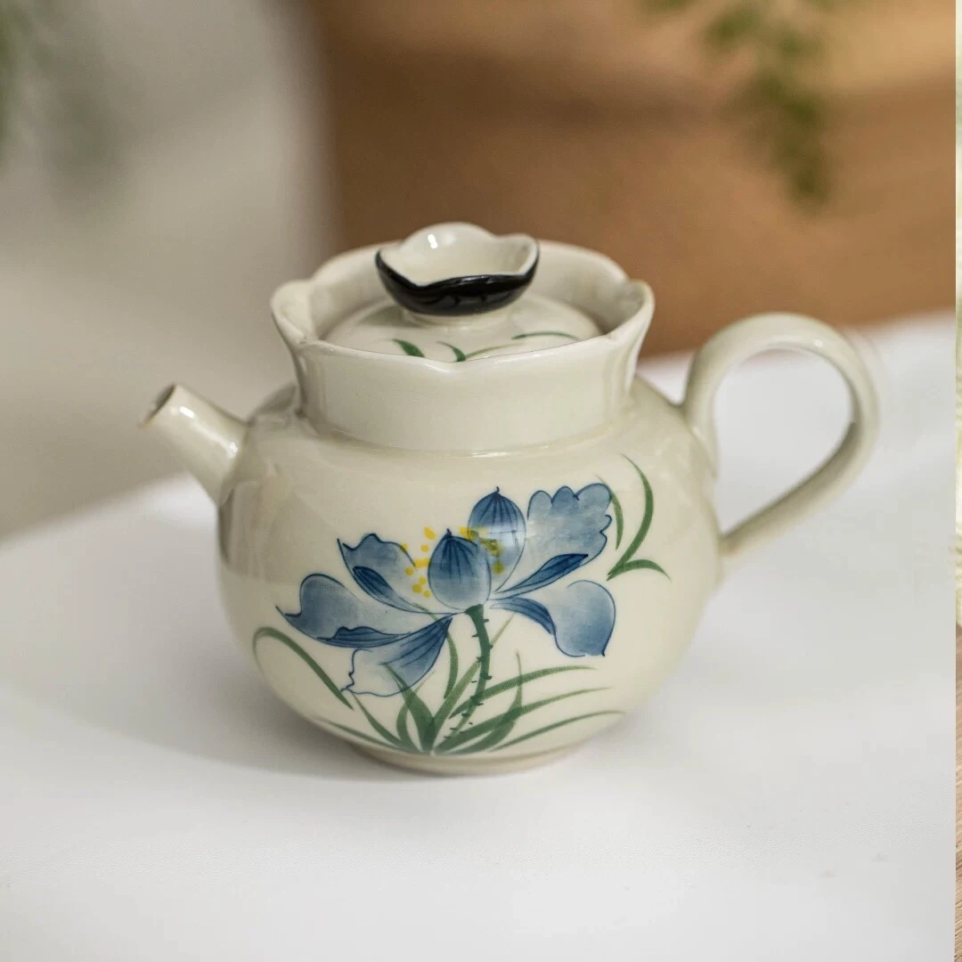 寒舍手绘草木灰陶瓷茶壶功夫泡茶壶女士葵口茶壶140ml