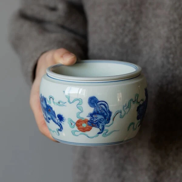 寒舍仿古陶瓷茶具建水釉中贴画青花带盖小茶洗11.5*7.5cm