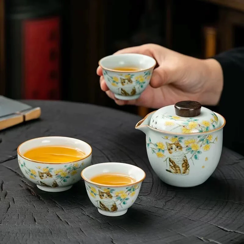 寒舍汝窑猫咪旅行茶具套装一壶三杯陶瓷简约快客杯便携式户外