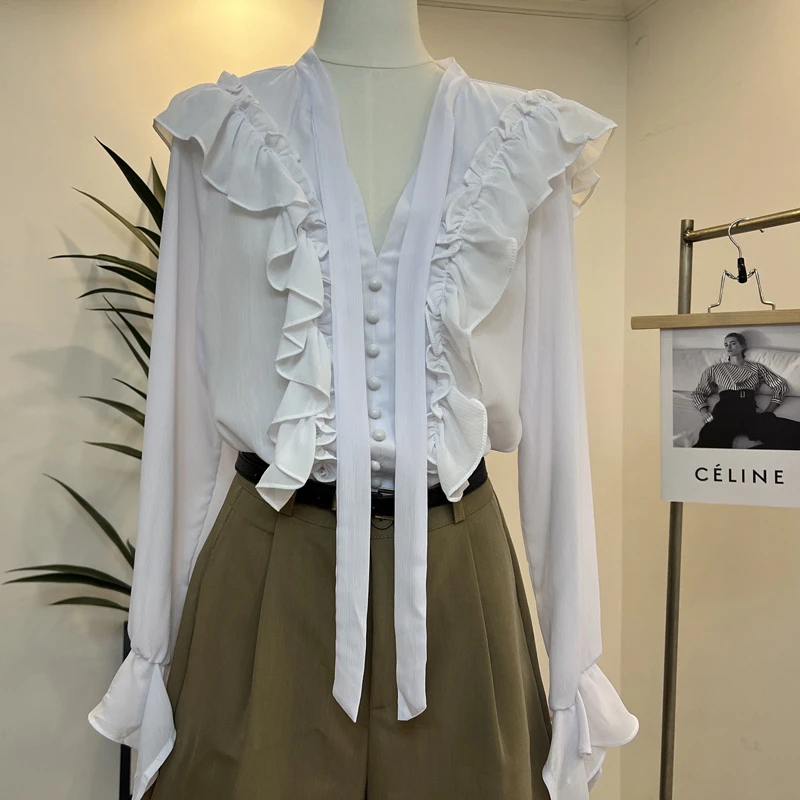 白色法式小众泡泡袖荷叶边设计感百搭系带气质显瘦雪纺衬衫上衣