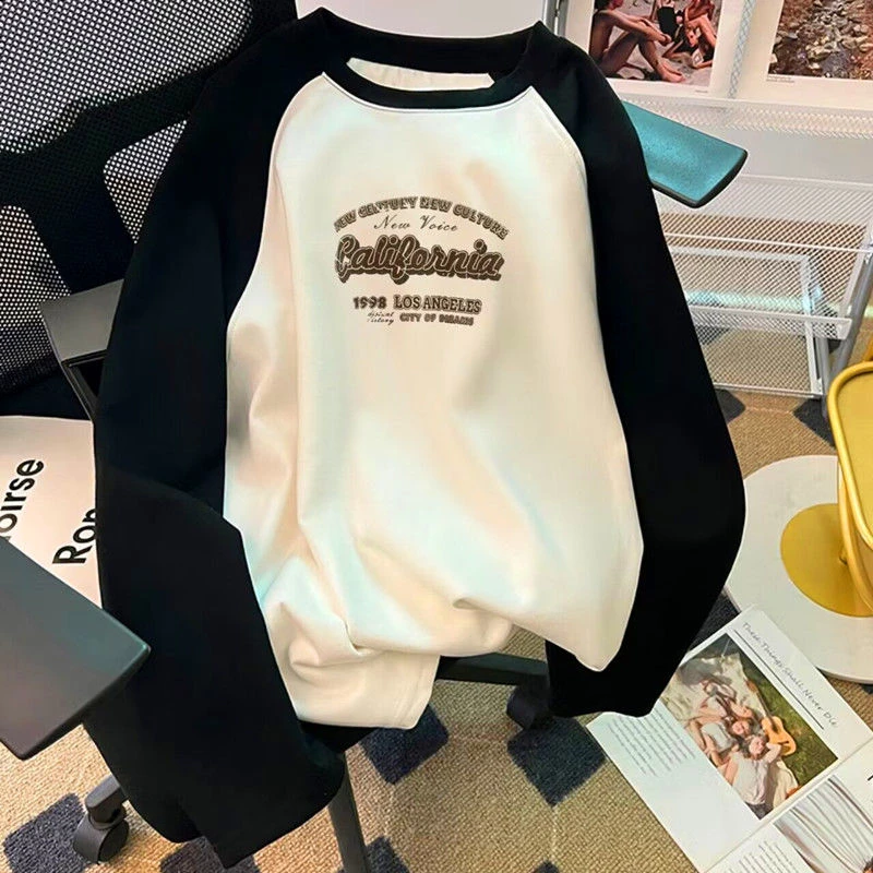 纯棉长袖T恤女秋冬新款复古撞色插肩袖宽松上衣女打底衫内搭