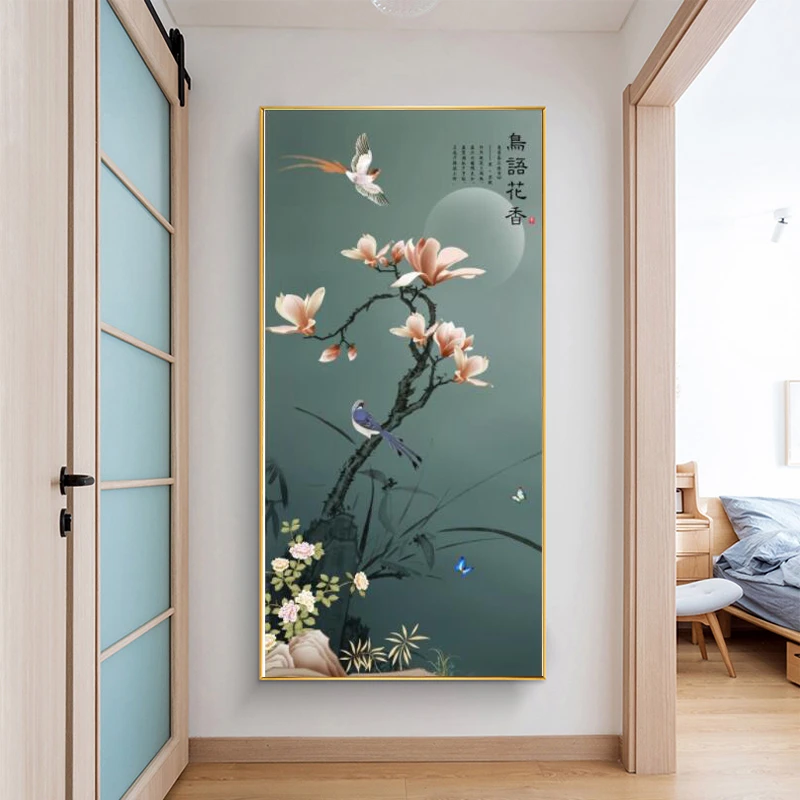 【鸟语花香】入户玄关装饰画现代水墨花鸟复古禅意竖版轻奢挂画