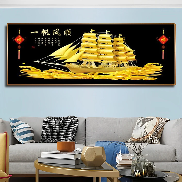 【一帆风顺】客厅沙发背景挂画简约轻奢大气一帆风顺晶瓷装饰画镶钻