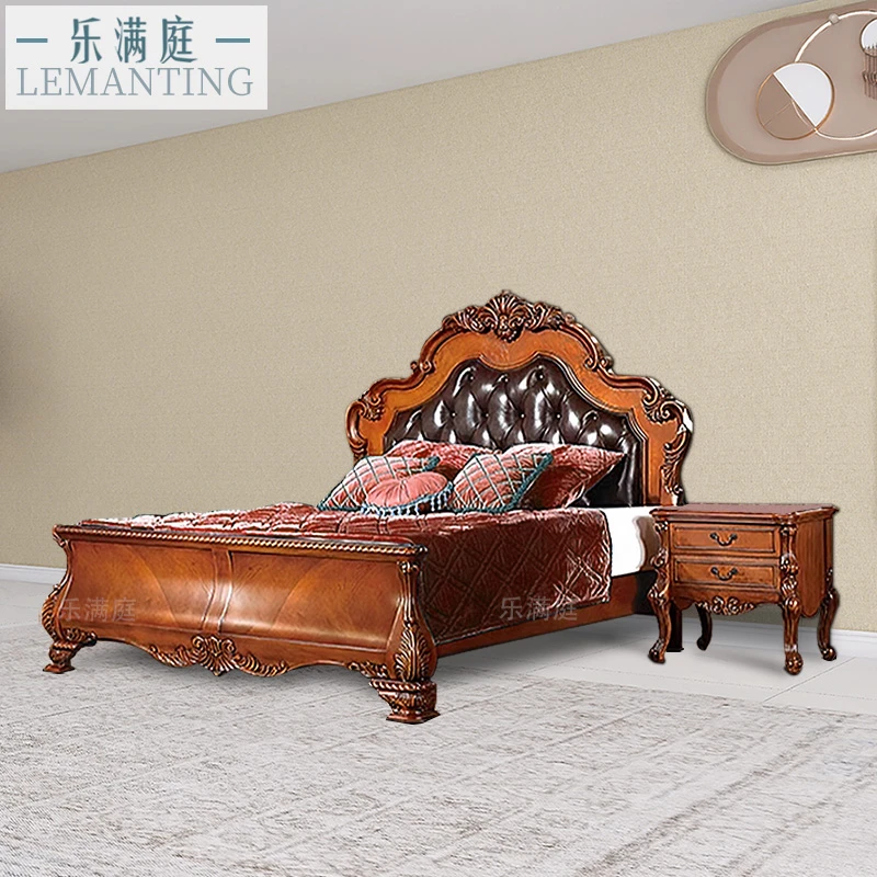 美式床实木大床大气欧式雕花双人床家用主卧真皮牛皮软靠复古婚床