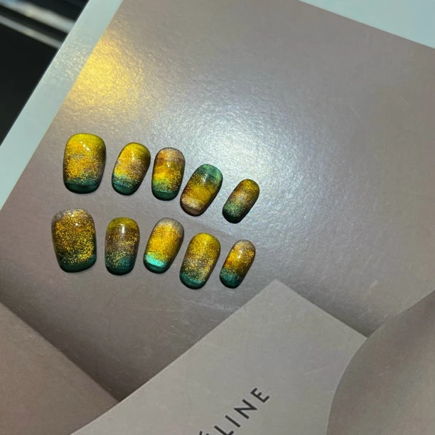 【落日沙滩】金色猫眼手工穿戴甲手绘美甲短甲设计师款通勤高级日常