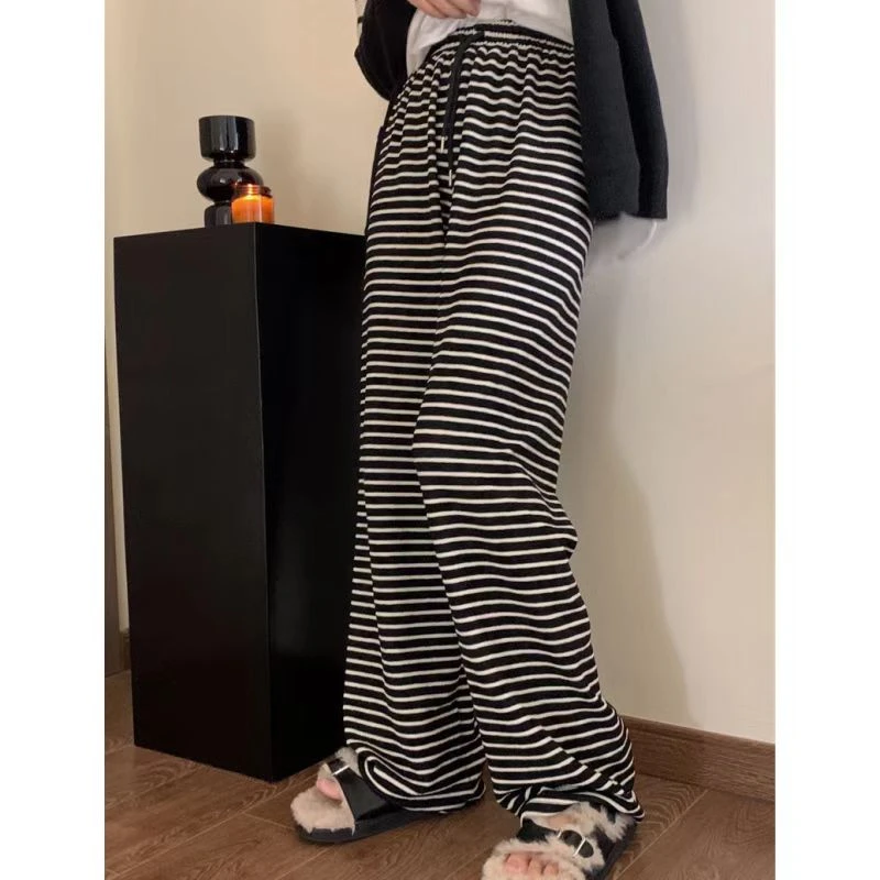 黑白条纹裤子女春夏秋2023新款高腰垂感阔腿直筒休闲拖地透气长裤
