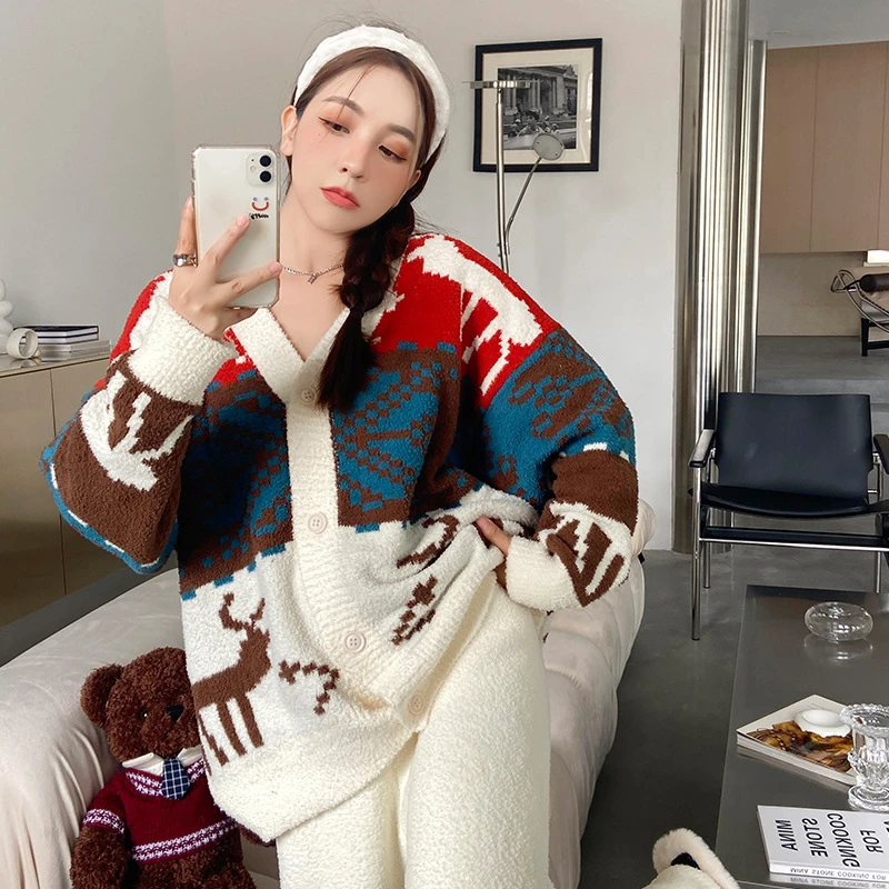 欧美减龄麋鹿撞色开衫睡衣女秋冬天软绵绵加厚保暖毛线针织家居服