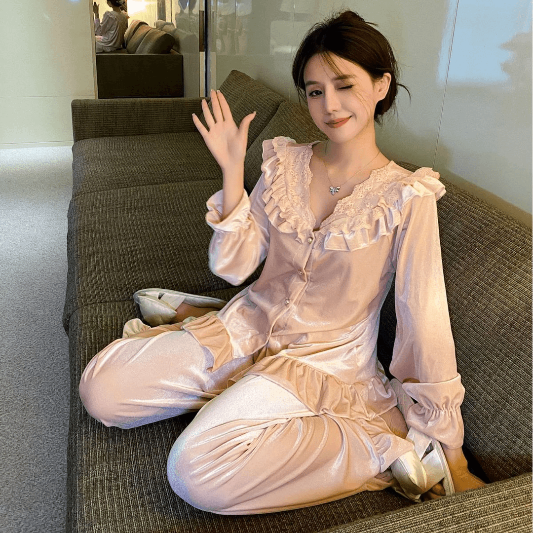 睡衣女春秋金丝绒长袖秋季家居服日系少女可外穿蕾丝秋季家居服