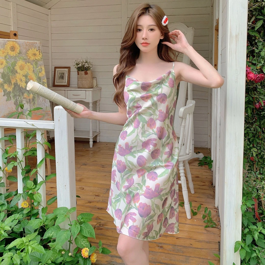 性感睡衣女夏季法式荡领吊带裙韩式印花仿真丝度假短裙冰丝睡裙