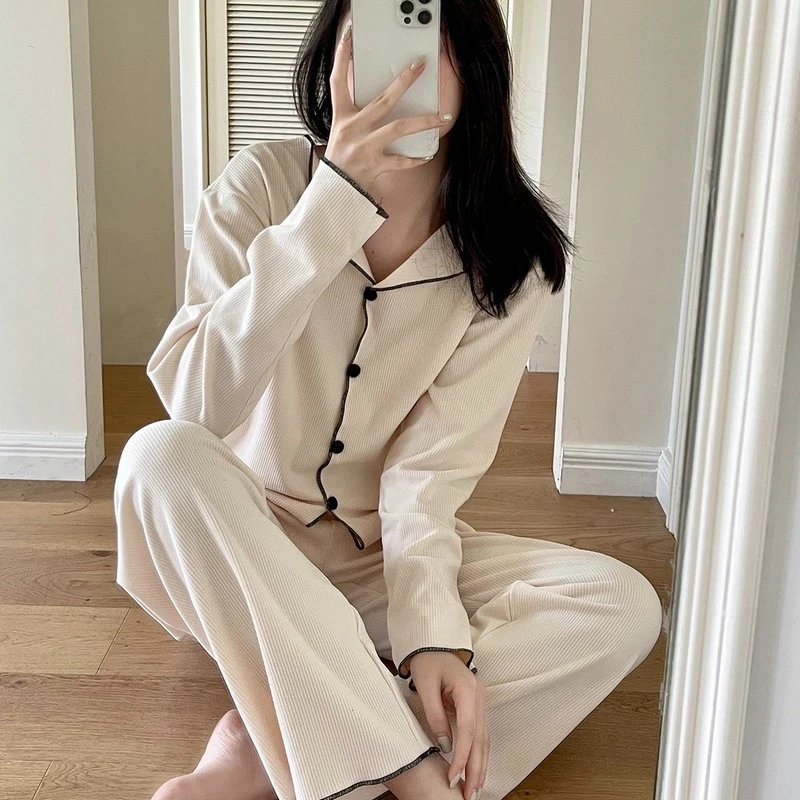 睡衣女秋冬新款开衫撞色极简风宽松磨毛套装高级感长袖外穿家居服