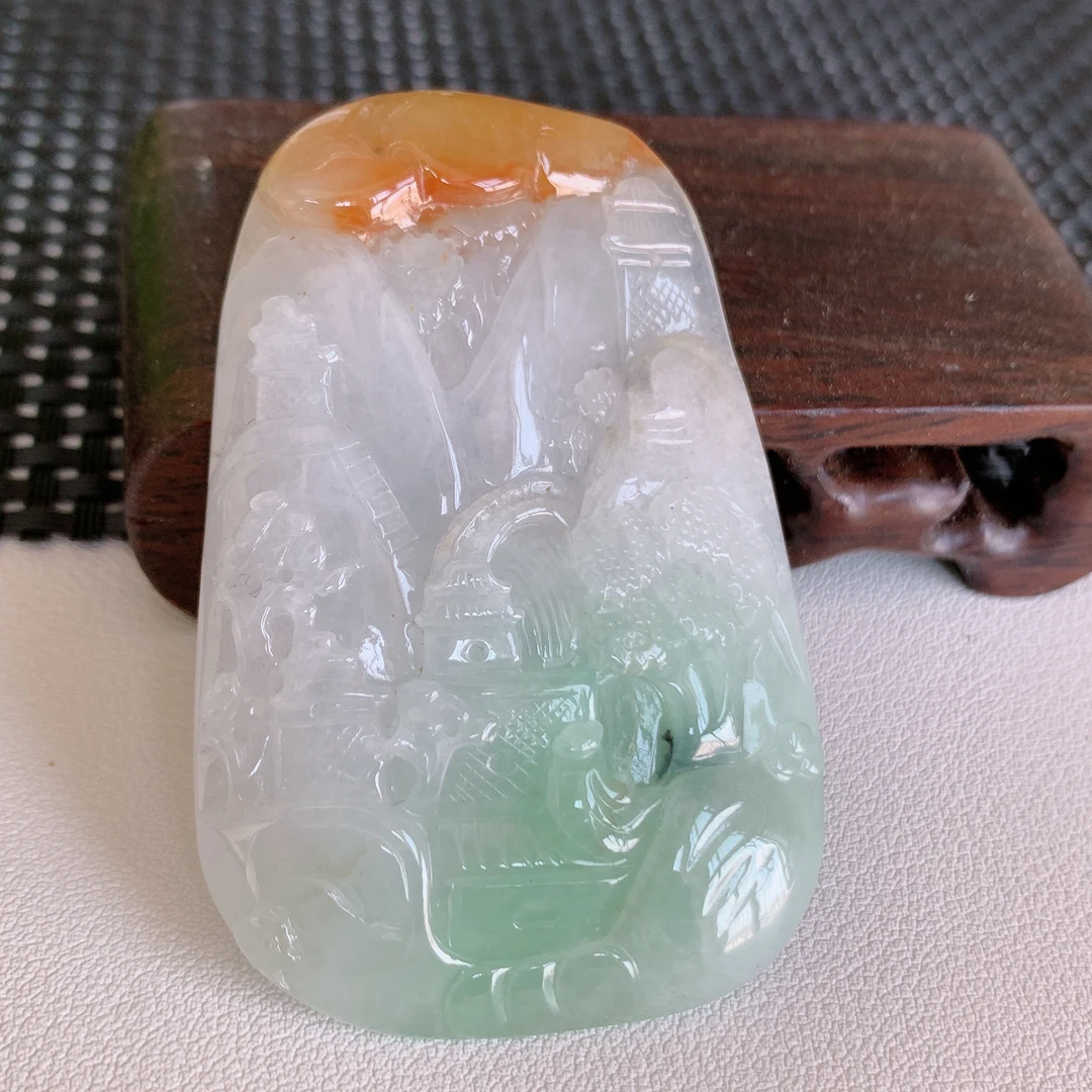 翡翠吊坠天然翡翠A货冰润黄加绿双彩山水牌吊坠挂件66-44-10玉石