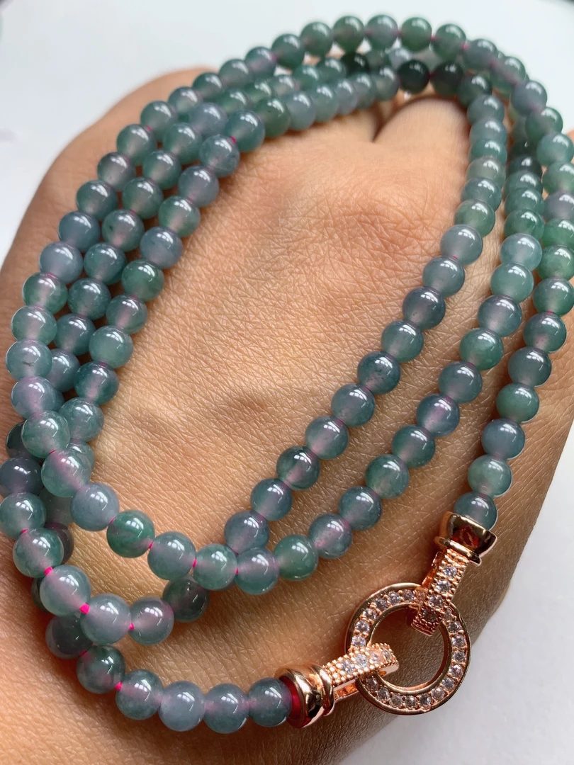 天然翡翠A货冰种蓝紫罗兰圆珠项链珠链卡4.7mm绿色时尚多层