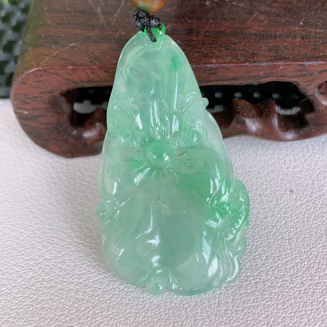 翡翠吊坠天然翡翠A货冰种浅绿晴水绿荷叶吊坠挂件44.2-24.5-3.8