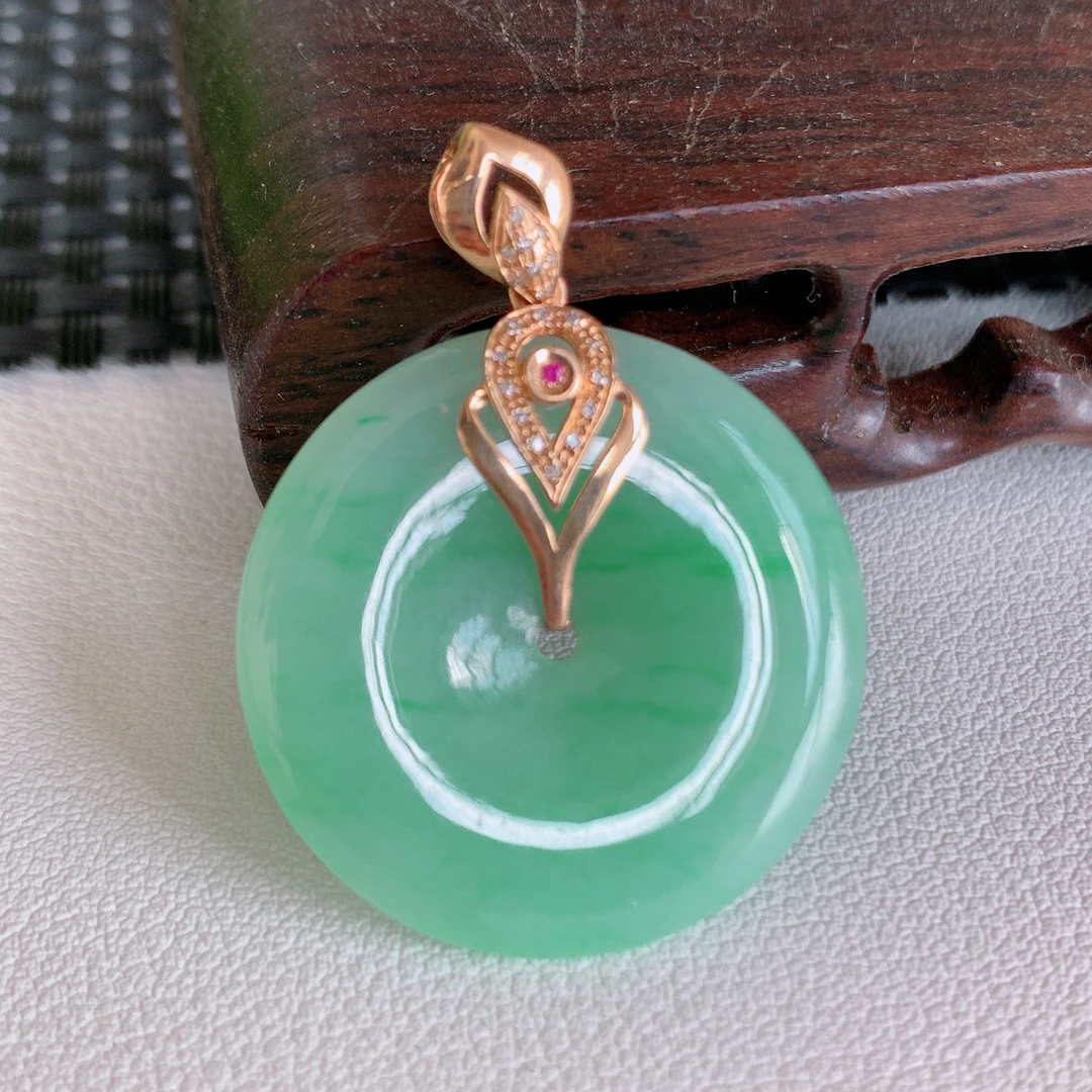 翡翠吊坠天然翡翠A货18K金镶嵌满绿果阳绿平安扣吊坠挂件23-4.2