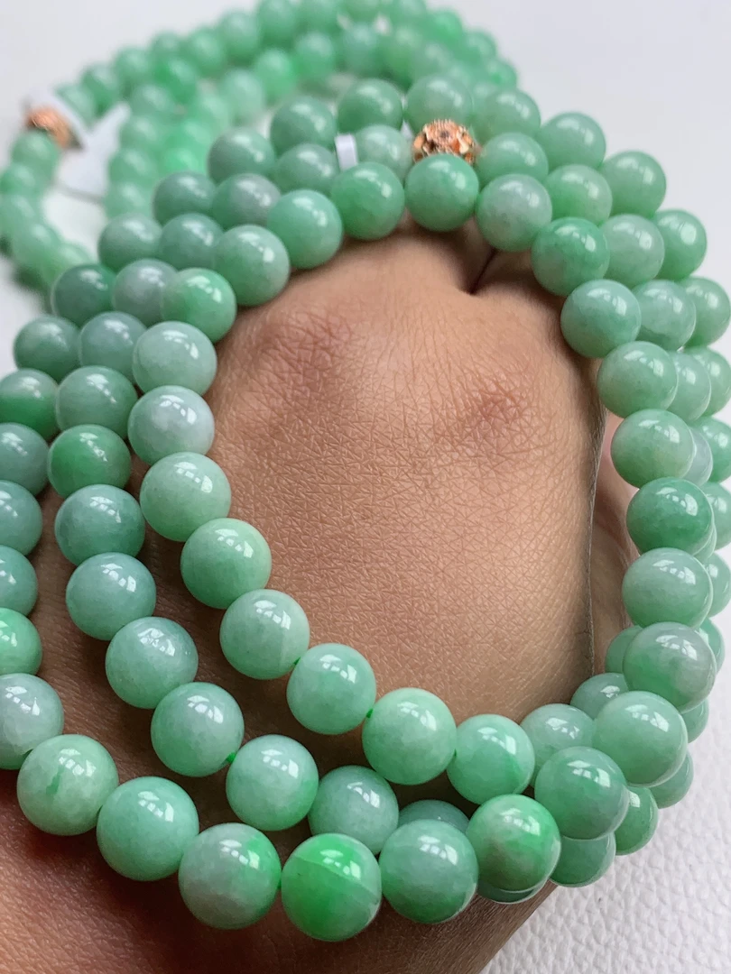 天然翡翠A货冰润满绿果阳绿色圆珠珠链项链卡8.5mm