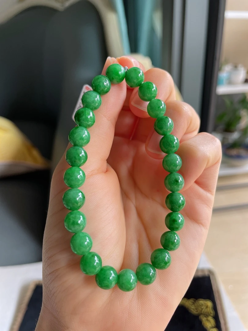 天然翡翠A货冰润满绿满色辣阳绿绿色圆珠手串手链卡7.7mm-2079玉