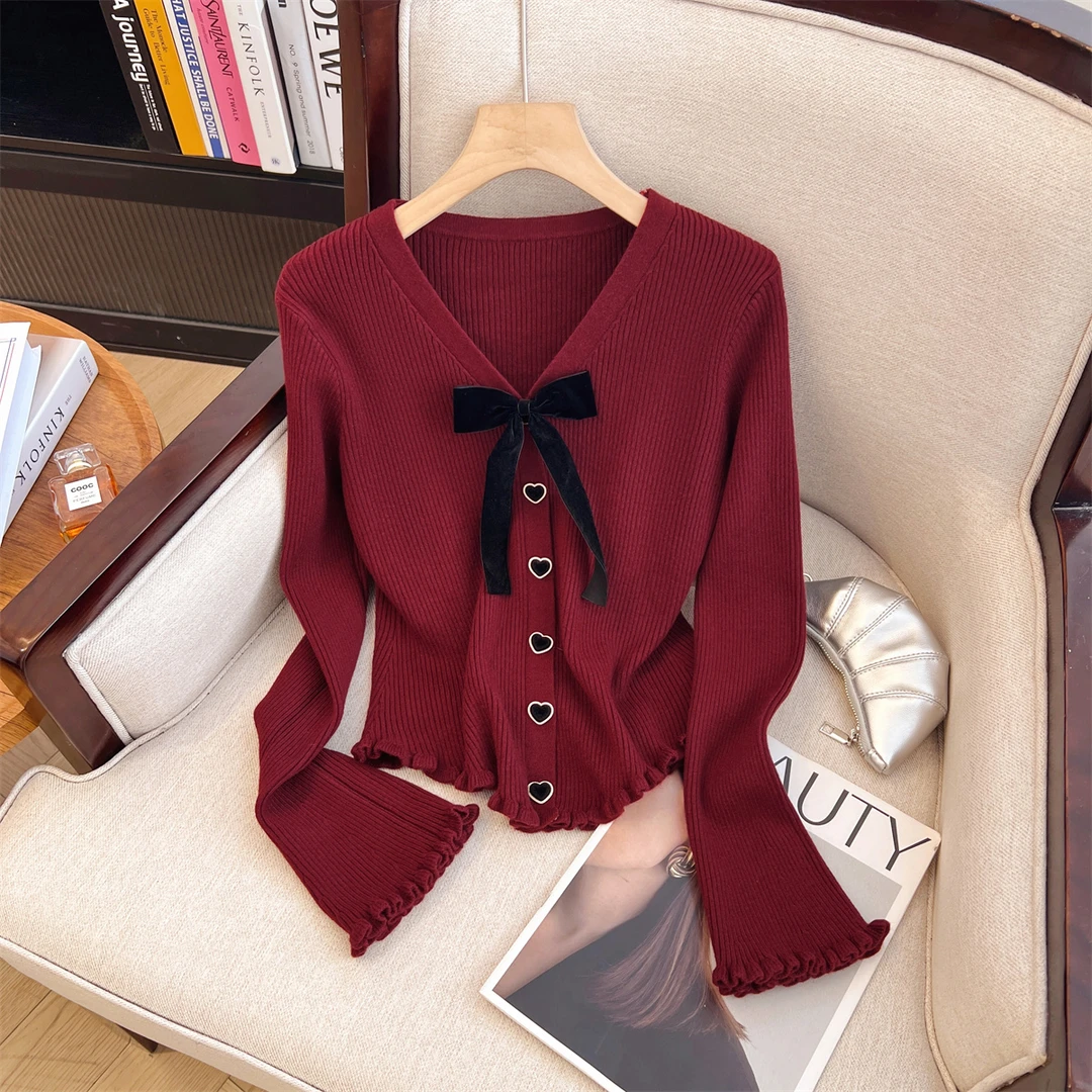 蝴蝶结V领针织打底衫女款爆款2024秋冬新款木耳边外穿短款上衣服