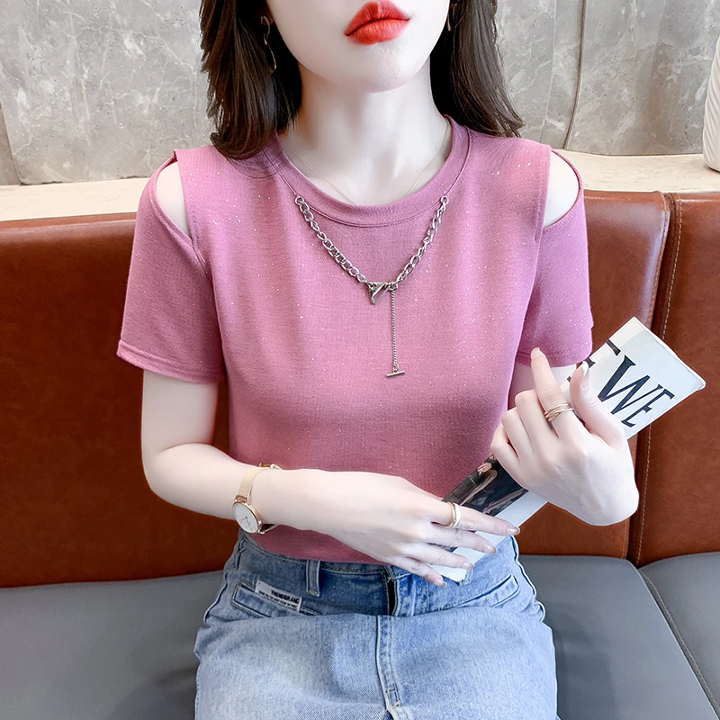 露肩T恤女装甜美短袖上衣圆领设计感小众纯色体恤2023年夏季新品