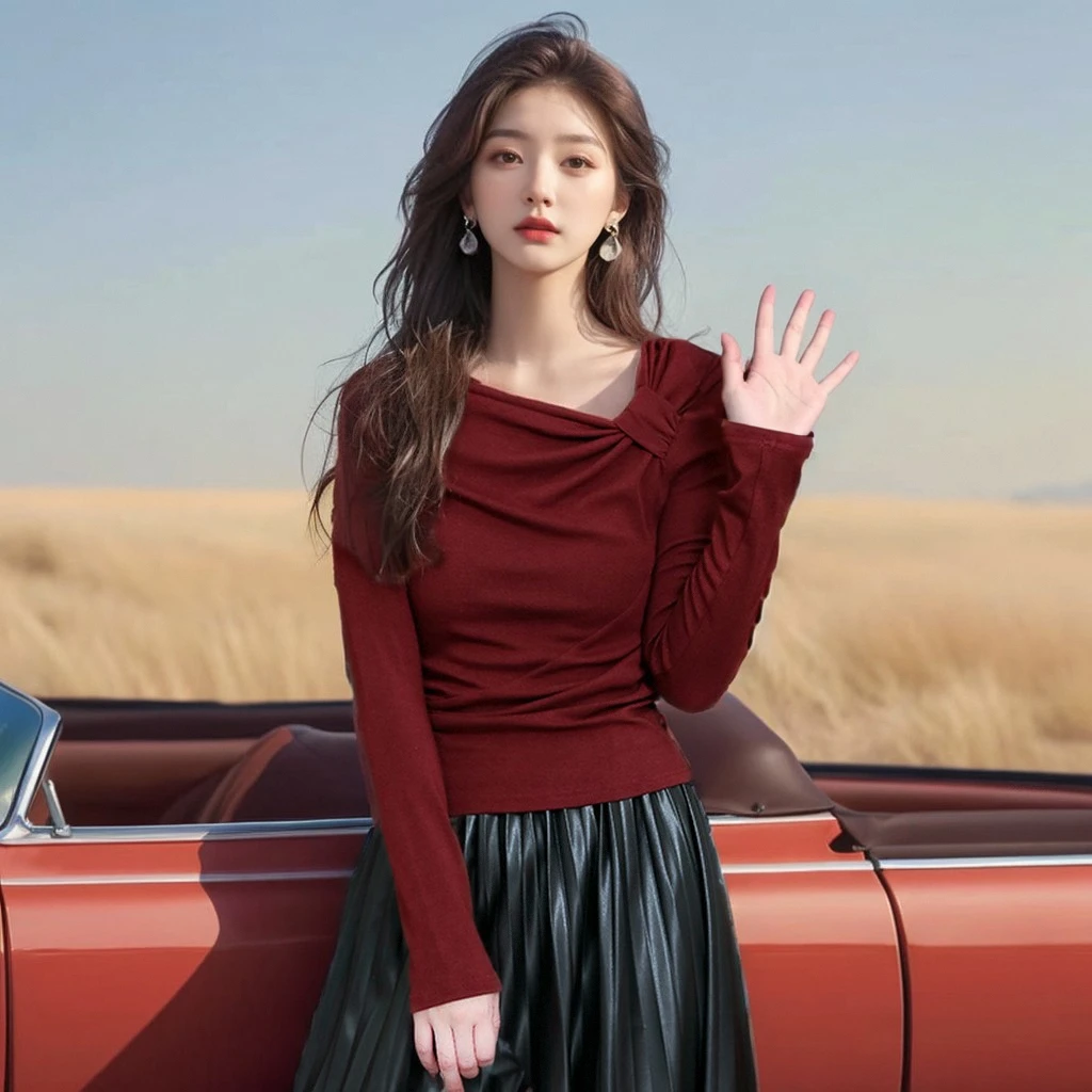 酒红色斜领长袖打底衫女设计感小众显瘦气质修身t恤上衣2024秋季