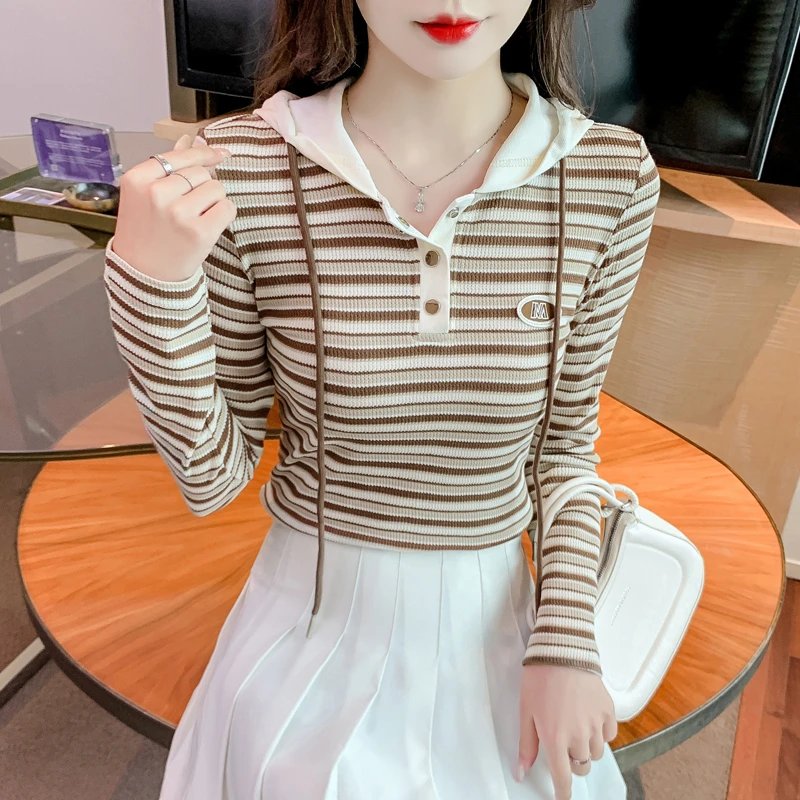 条纹连帽卫衣女早秋2023新款薄款修身洋气内搭长袖T恤上衣打底衫
