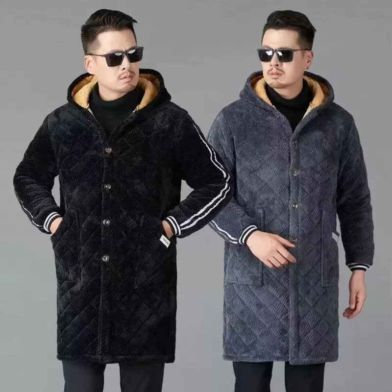 男款冬装棉服外套三层加绒加厚中长款罩衣居家外穿省服保暖棉袄