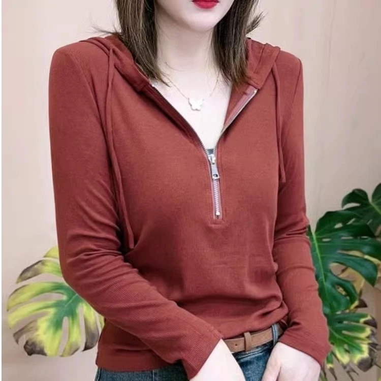 2025早秋新款长袖连帽t恤帽衫女修身显瘦洋气拉链上衣针织打底衫