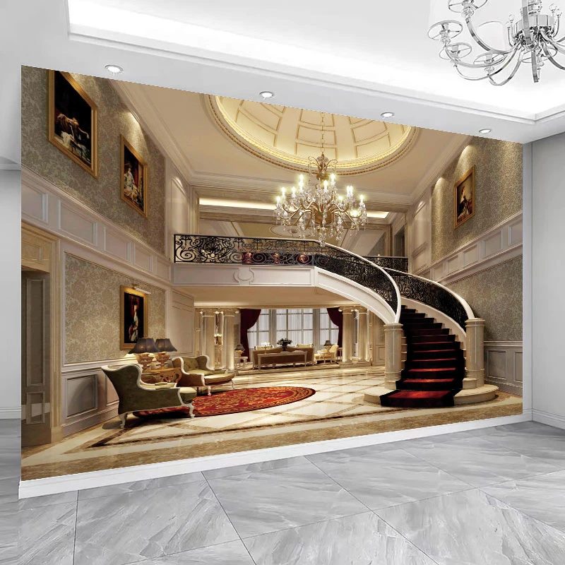 仿别墅楼房逼真效果客厅直播间装修背景墙壁画电视沙发墙布背景