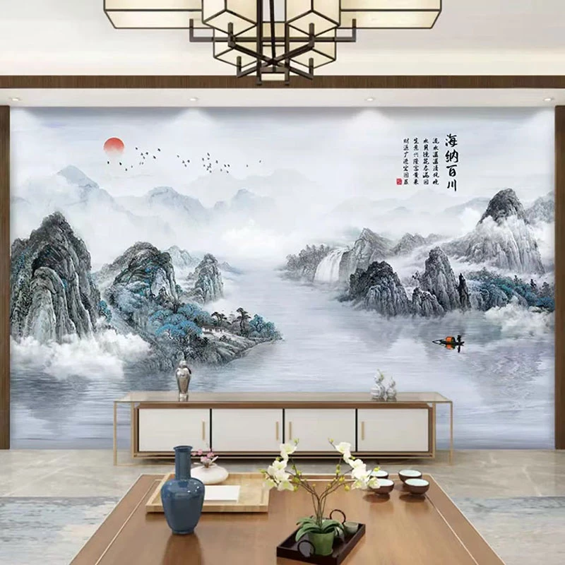 意境新中式水墨山水画装修背景墙壁画电视沙发床头背景墙墙布背景