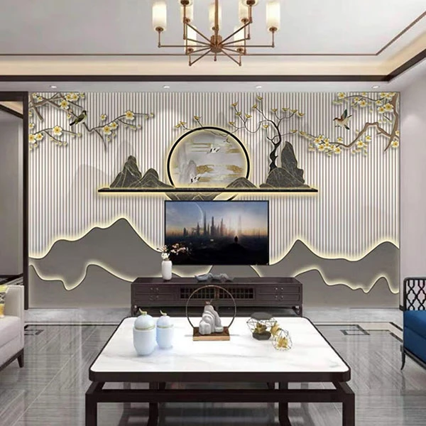 茶室古典格栅木纹中式背景墙风格装修背景墙壁画电视沙发墙布背景