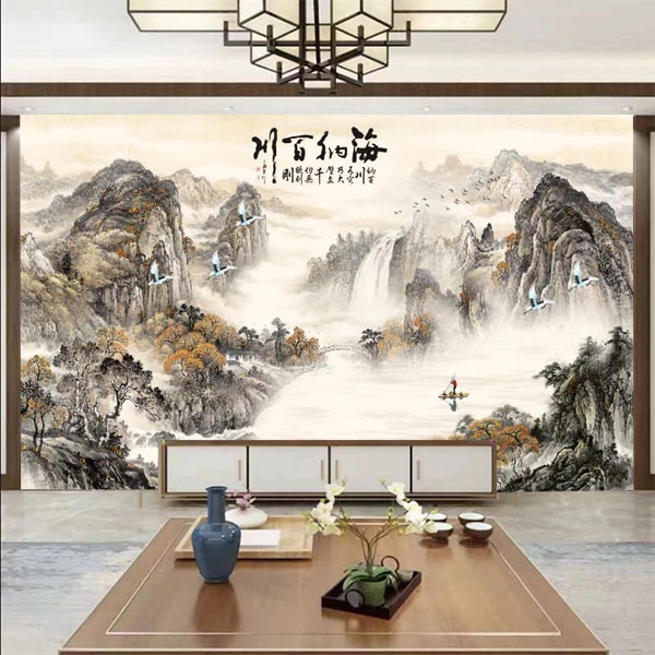 客厅酒店大堂包间意境水墨山水背景墙装修壁画电视沙发床头墙布