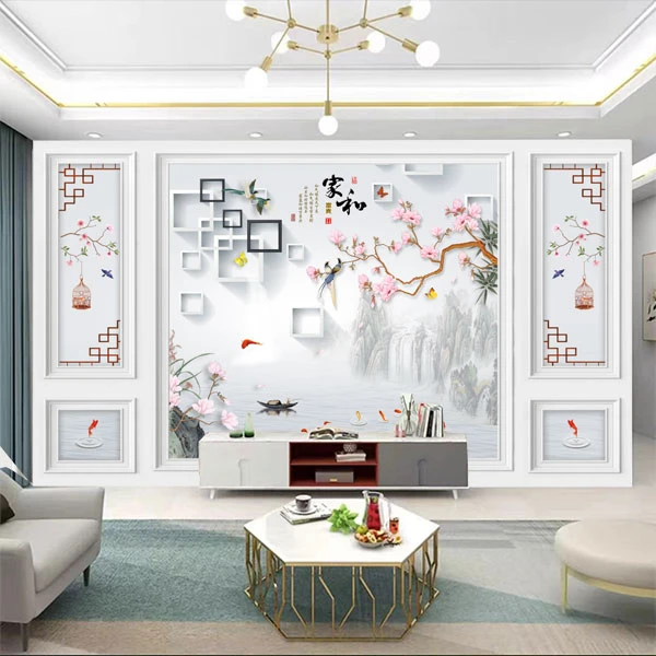 家和花鸟图中式风格五宫格造型背景墙壁画电视沙发墙布背景
