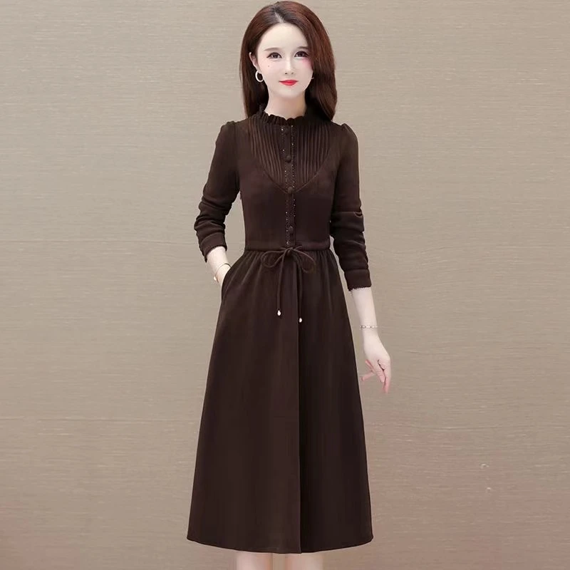 咖色连衣裙优雅气质长袖时尚洋气减龄休闲收腰显瘦修身春秋季
