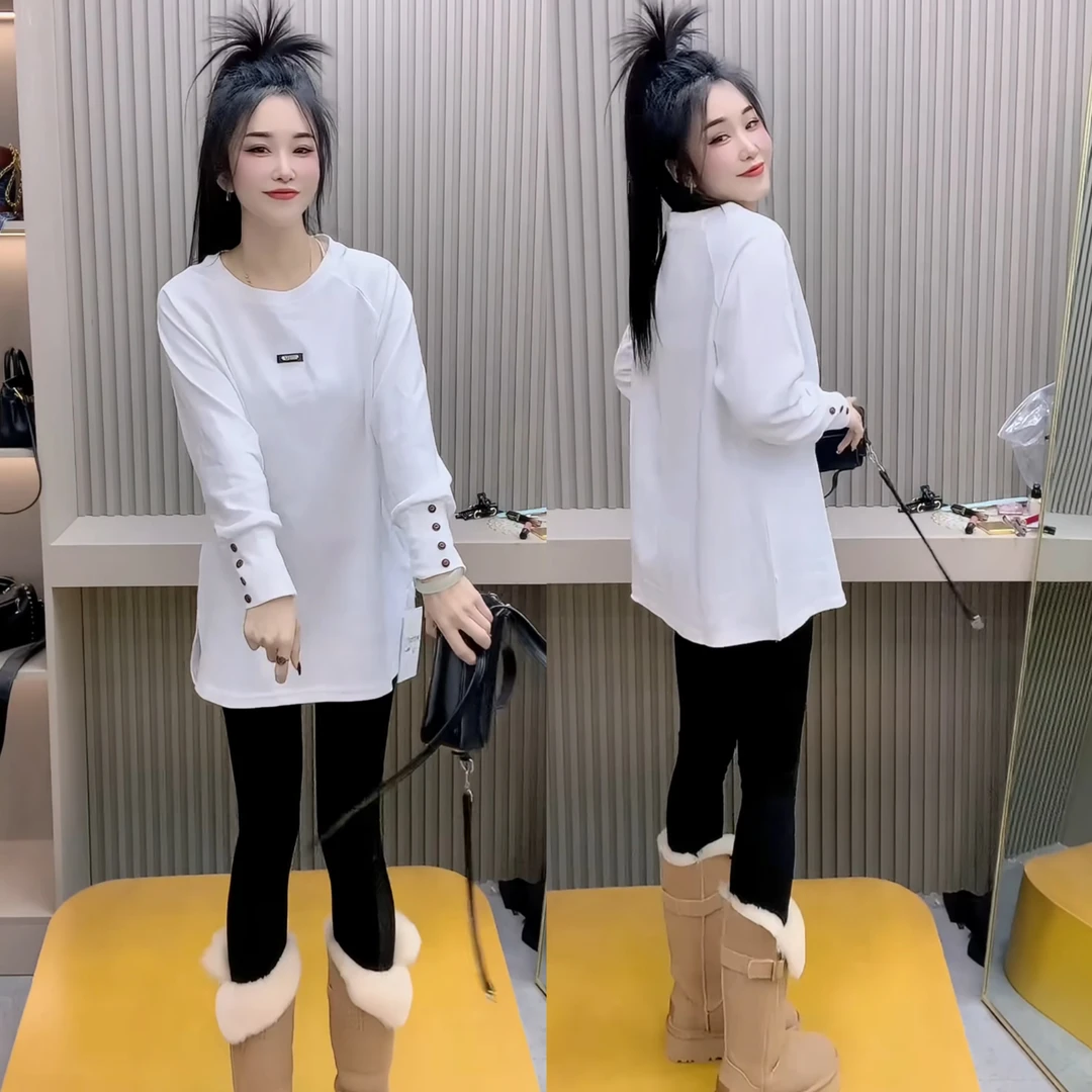 洋气袖排扣时尚T恤女秋冬季新款百搭净版长袖韩版打底衫上衣9159