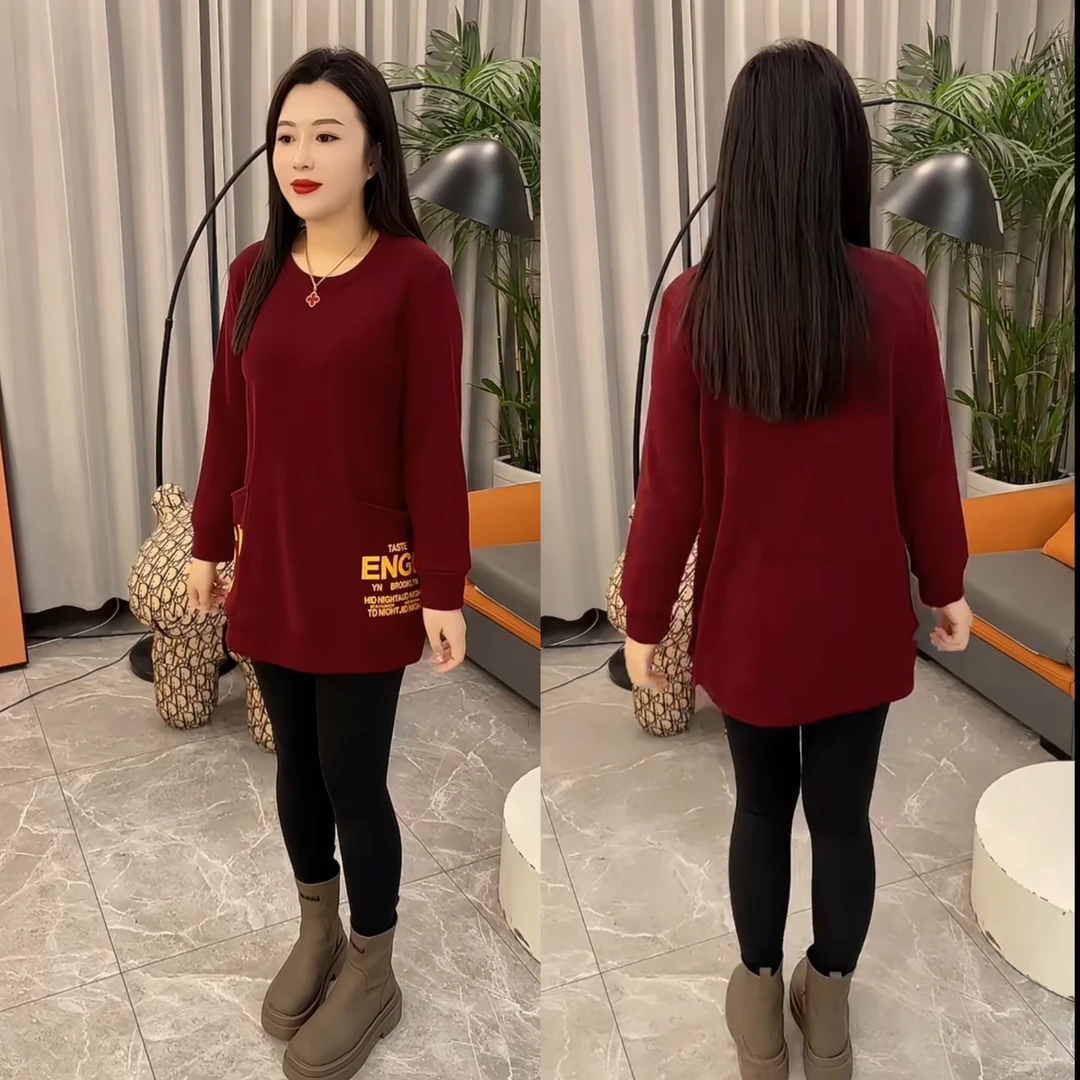 长袖卫衣女秋冬季款加绒显瘦宽松中长款休闲圆领双口袋上衣8355