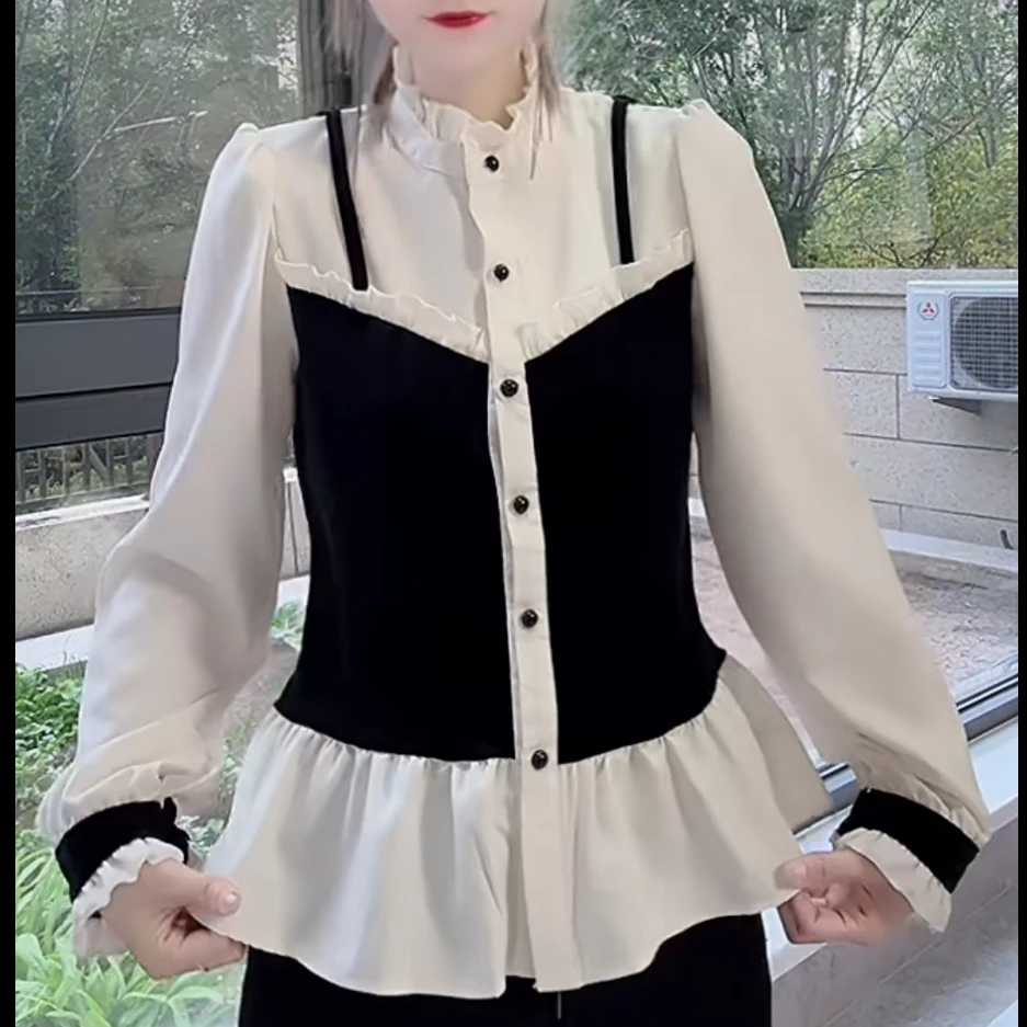 秋新款法式小香风拼接假两件丝绒衬衫女设计感小众木耳边衬衣6785