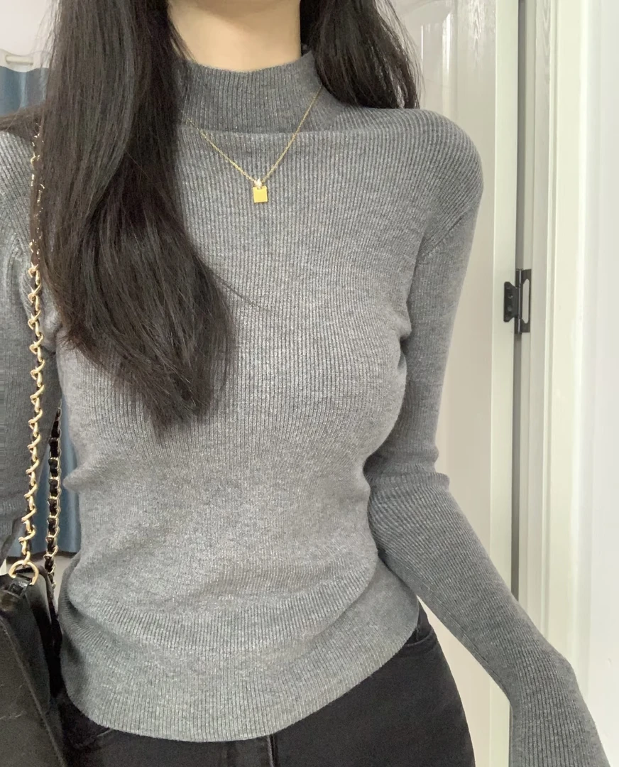 修身春秋半高领坑条针织衫打底衫毛衣女7730-1