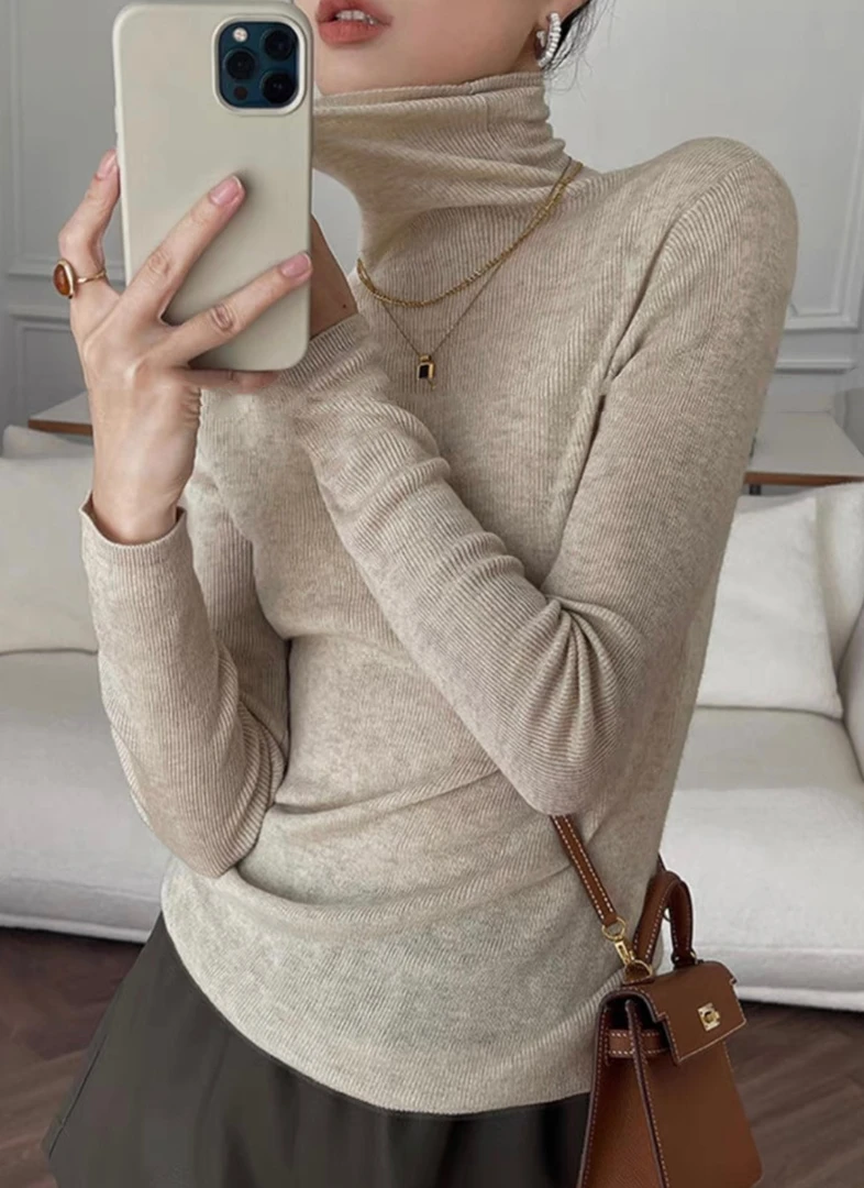 堆堆领薄款修身显瘦超细羊毛打底衫98658