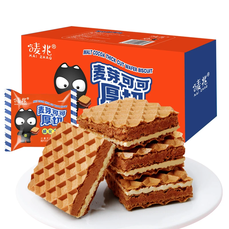 唛兆麦芽可可厚切威化饼干巧克力夹心休闲下午茶点网红爆款小零食
