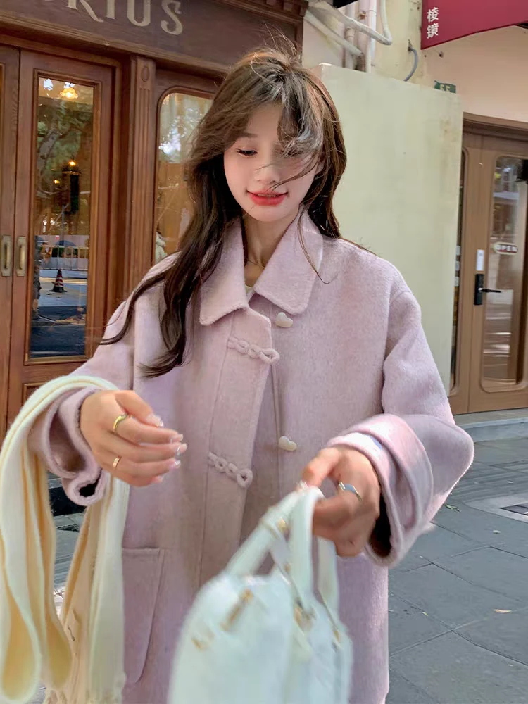 梅粉色高端双面羊毛大衣女秋冬2024新款今年流行爱心盘扣毛呢外套