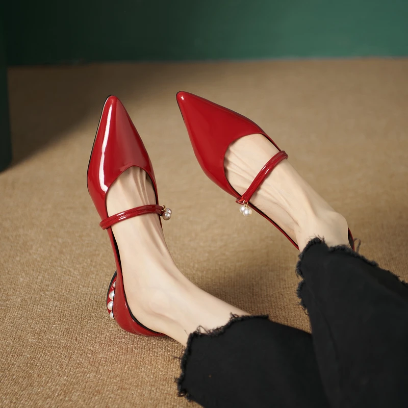 2025春秋季新款真皮尖头红色平跟单鞋一字带平底鞋皮鞋女鞋瓢鞋子